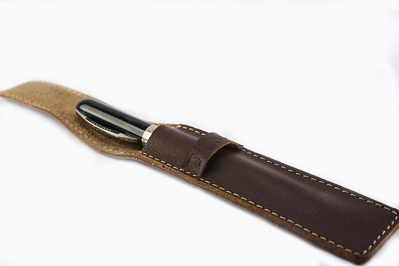 DiLoro Full Grain Leather Single Pen or Pencil Case Holder for Fountain Ballpoint Rollerball Reddish Brown - Image 4